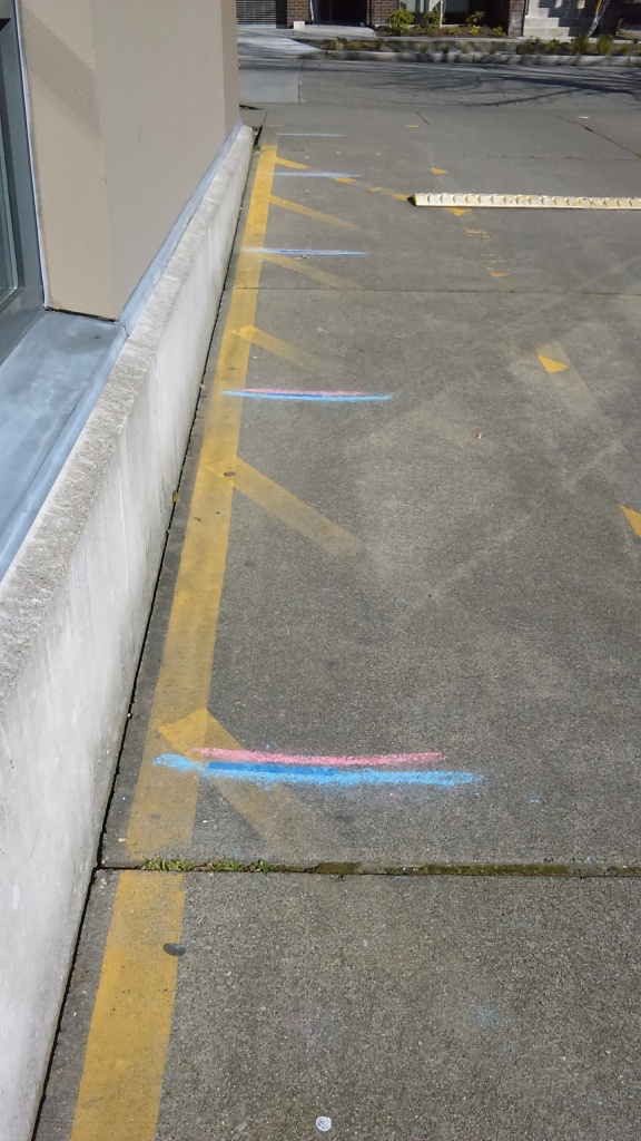 A driveway with a building on the left and yellow loading zone marks on the pavement near the building also has blue and pink lines perpendicular to the building, spaced out every 6 feet along the wall.